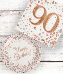 Rose Gold Confetti 90th Birthday Party Supplies and Ideas